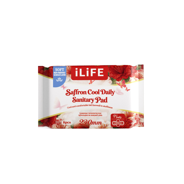 (Кол-во коробке 100 шт) iLiFE гигиенические прокладки для ежедневного использования с шафраном, охлаждающий эффект / англо-русская версия / 240 мм / 8 шт.