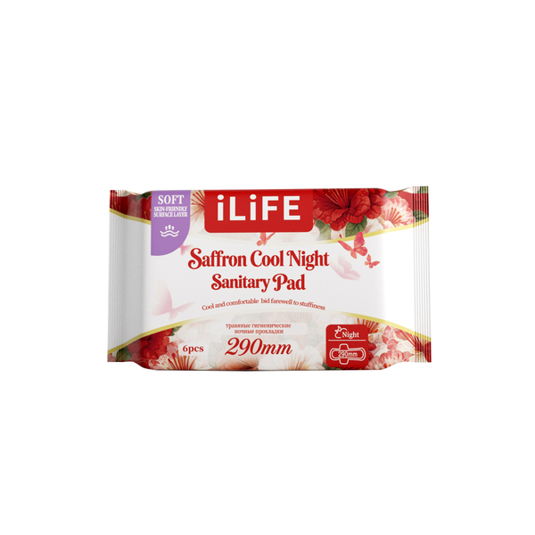 (Кол-во коробке 100 шт) iLiFE гигиенические прокладки для ночного использования с шафраном, охлаждающий эффект / англо-русская версия / 290 мм / 6 шт.