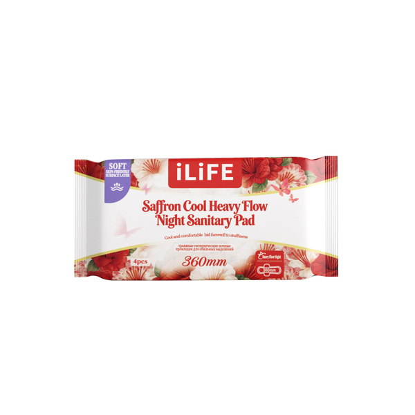(Кол-во коробке 100 шт) iLiFE гигиенические прокладки для обильных выделений с шафраном, охлаждающий эффект, для ночного использования / англо-русская версия / 360 мм / 4 шт.