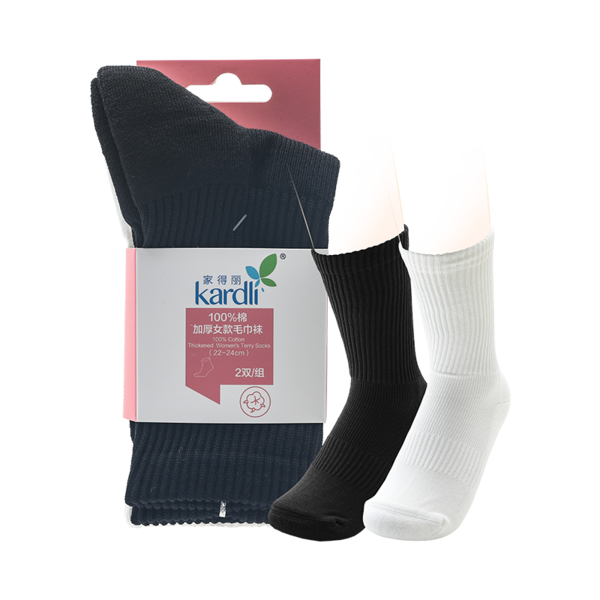 (Кол-во в коробке 100 шт)KARDLI Утеплённые полотенчатые носки из 100% хлопка / женские / чёрный + белый